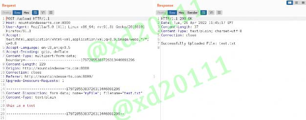 Figure 20: POST request for the file upload of test.txt in Burp