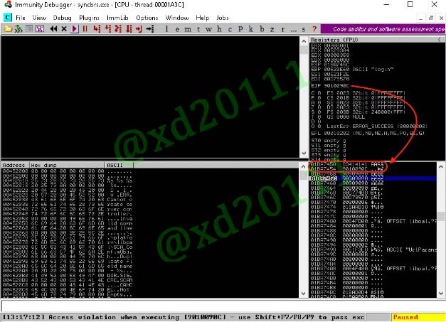 Figure 2: EIP is overwritten by our return address instruction address misaligned by one byte